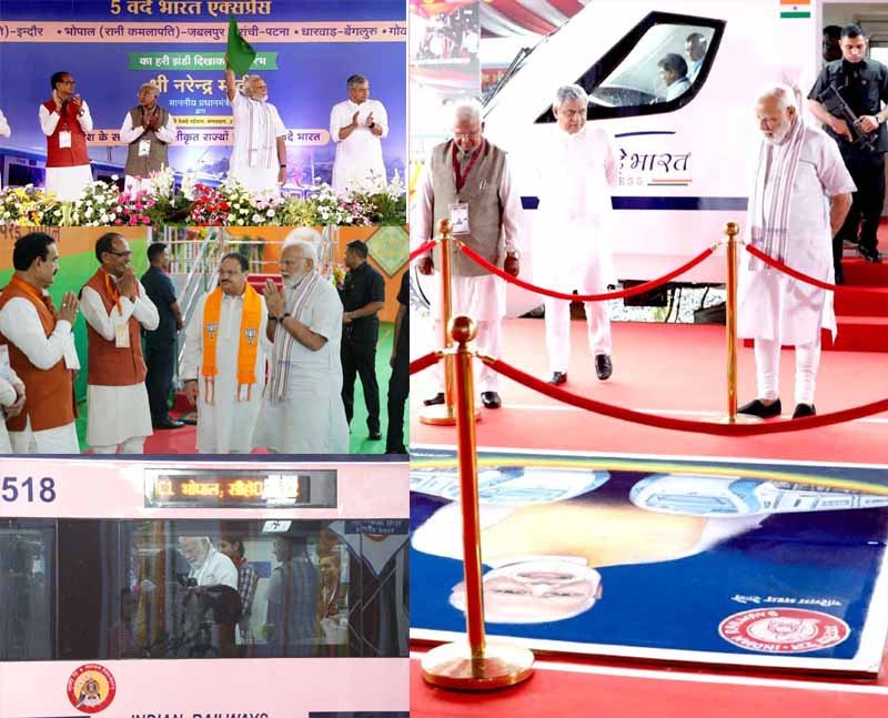 प्रधानमंत्री नरेंद्र मोदी ने रानी कमलापति स्टेशन से 5 वंदे भारत ट्रेन को हरी झंडी दिखाकर किया रवाना