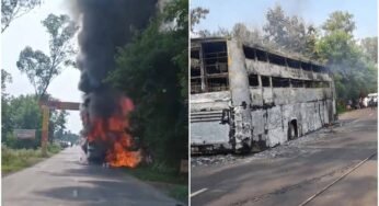 दमोह कटनी मार्ग पर कुम्हारी के आगे रेपुरा थाना क्षेत्र में इंदौर से कटनी जा रही यात्री बस में लगी आग, देखते ही देखते हो गई खाक