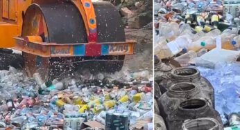 नर्मदापुरम में आबकारी विभाग ने 59.84 लाख की शराब पर चला बुलडोजर:आबकारी विभाग ने जब्त कर नष्ट करवाई