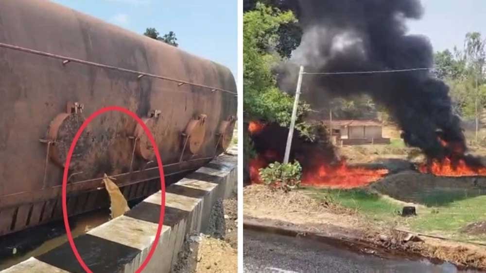 अंबिकापुर-बनारस मार्ग पर राइस ब्रान तेल से भरा टैंकर पलटा, बहते तेल में लगी भीषण आग